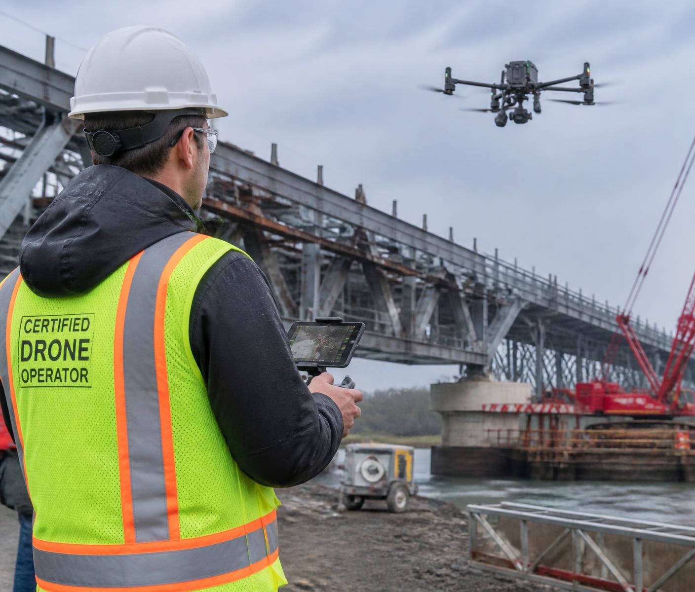 Certified drone operator in PPE conducting an inspection flight at a bridge construction site
