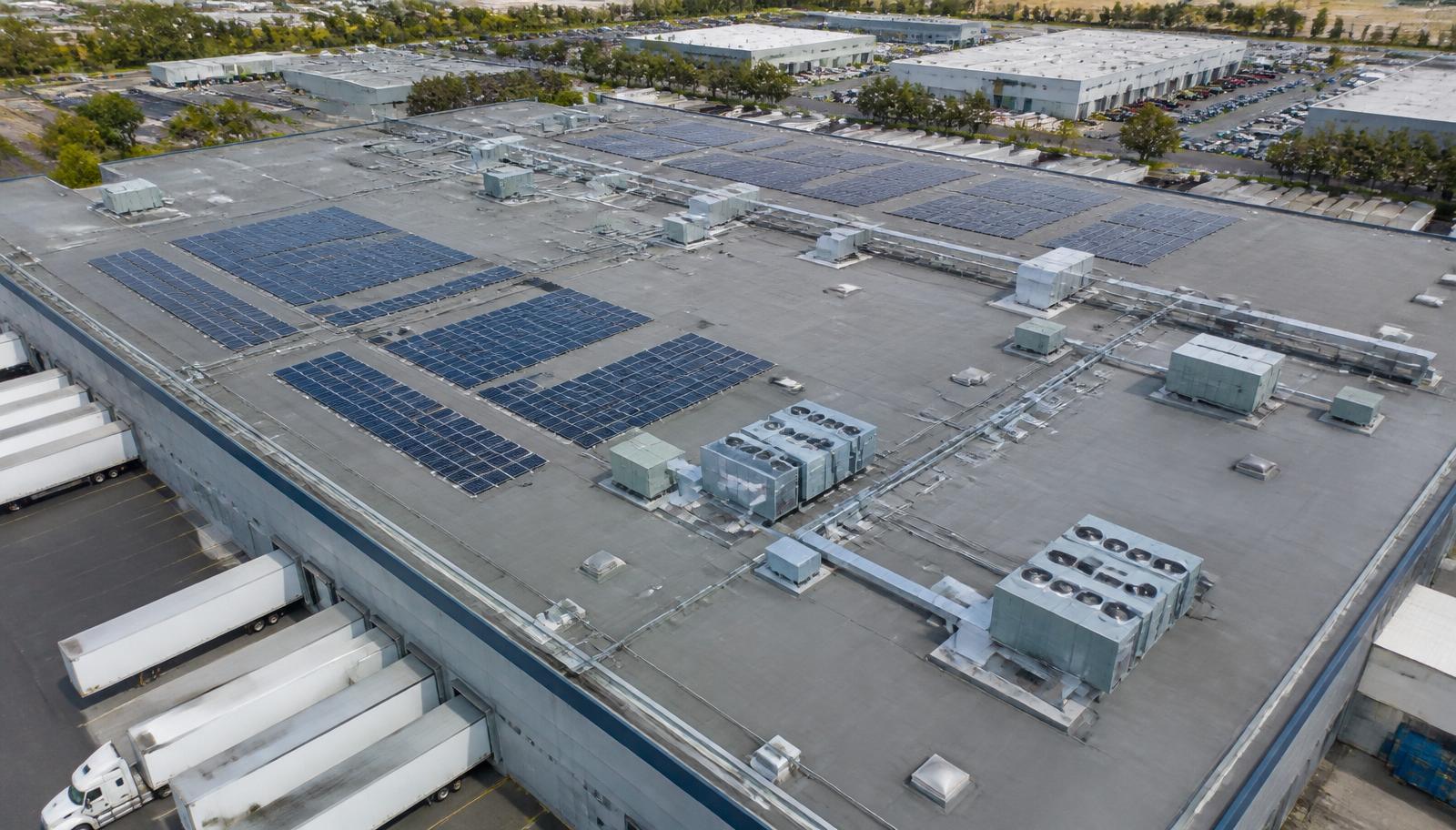 Aerial view of completed distribution facility roof and dock area